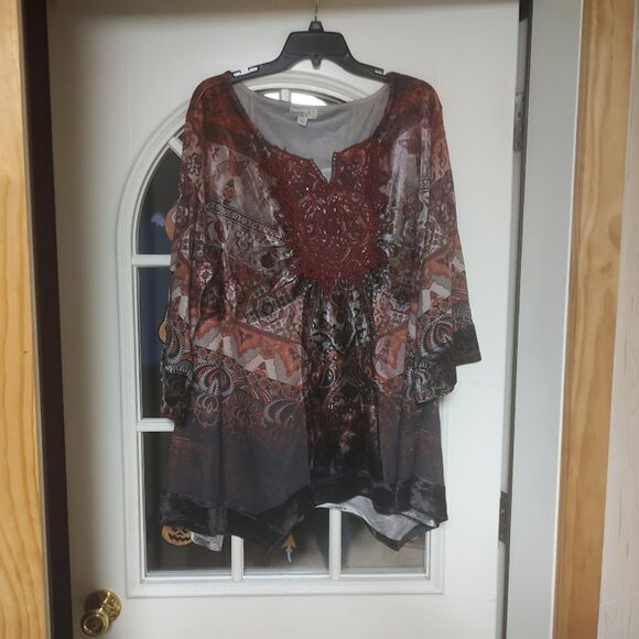 One World Burgundy Multi-Color Velour Feel 3/4 Sleeve Tunic Top Size Women's 1X - Picture 1 of 2